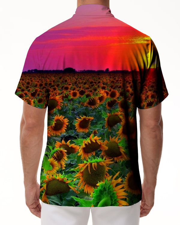 
Sunset Gold Sunflower Field Print Hawaiian Button Shirt Men's Casual Loose Short Sleeve Shirt Tops
                