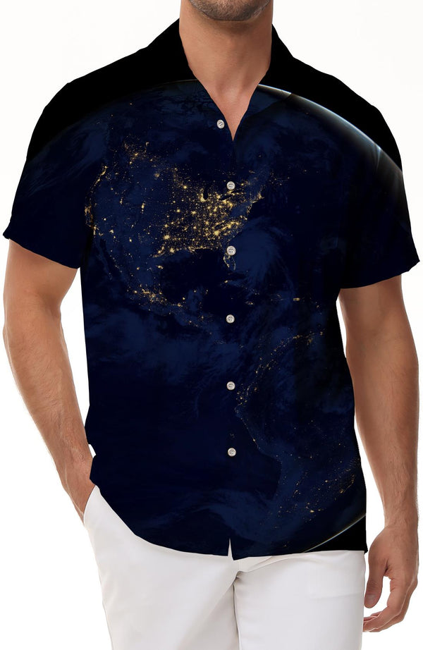 Night Earth Casual Shirt Men's Shirt Hawaiian Button Lapel Short Casual Cropped Cool Button Shirt Black