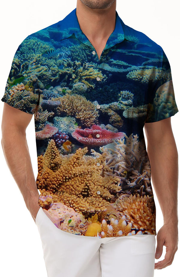 Coral Reef Ocean Fish Tropical Vacation Beach Shirt Tops Mens Hawaiian Shirt Short Sleeve Button