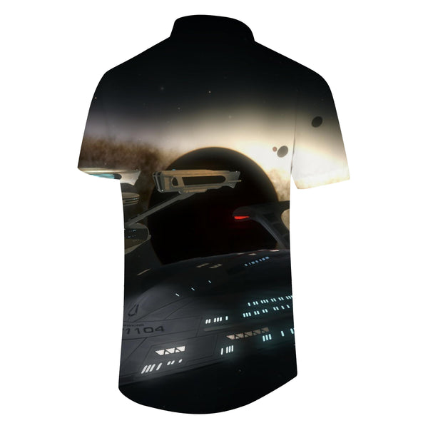 
Black hole outer space fantasy space planet and sci-fi interstellar travel starship print short sleeve shirt
                