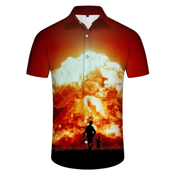 
Nuclear weapon huge explosion mushroom cloud men's short sleeve Hawaiian print shirt summer beach button shirt lapel
                