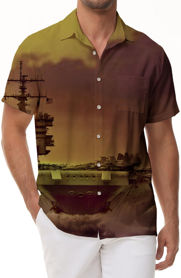 Black Sea Men's Casual Short Sleeve Shirt Aircraft Carrier Hawaiian Shirt Top Retro Short Sleeve Beach Shirt Button Style