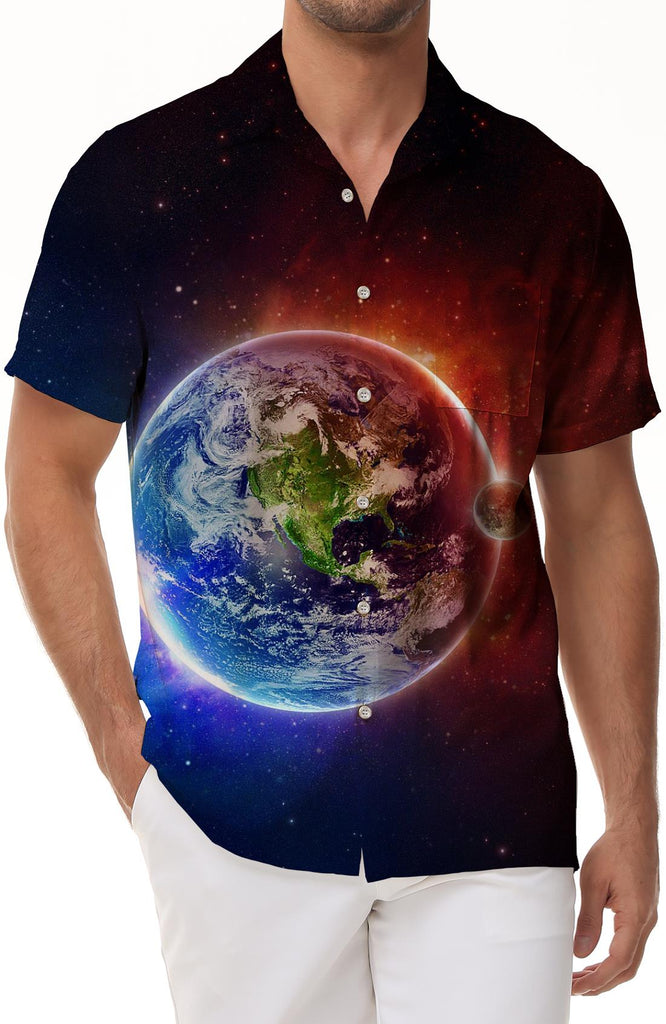 Universe space earth blue men's casual shirt fashion short-sleeved tropical shirt summer button-down lapel shirt