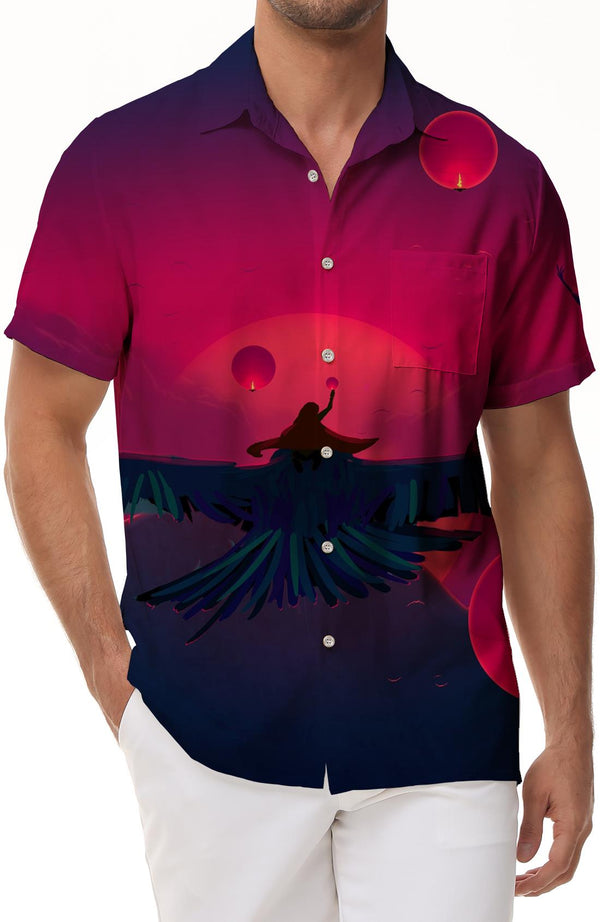 Red sky moon flying lapel summer Hawaiian shirt for novelty short sleeve tops