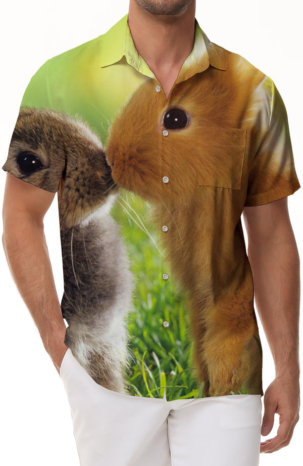 Cute bunny f men's short-sleeved Hawaiian shirt casual fashionable Hawaiian button-down vacation travel beach casual short-sleeved