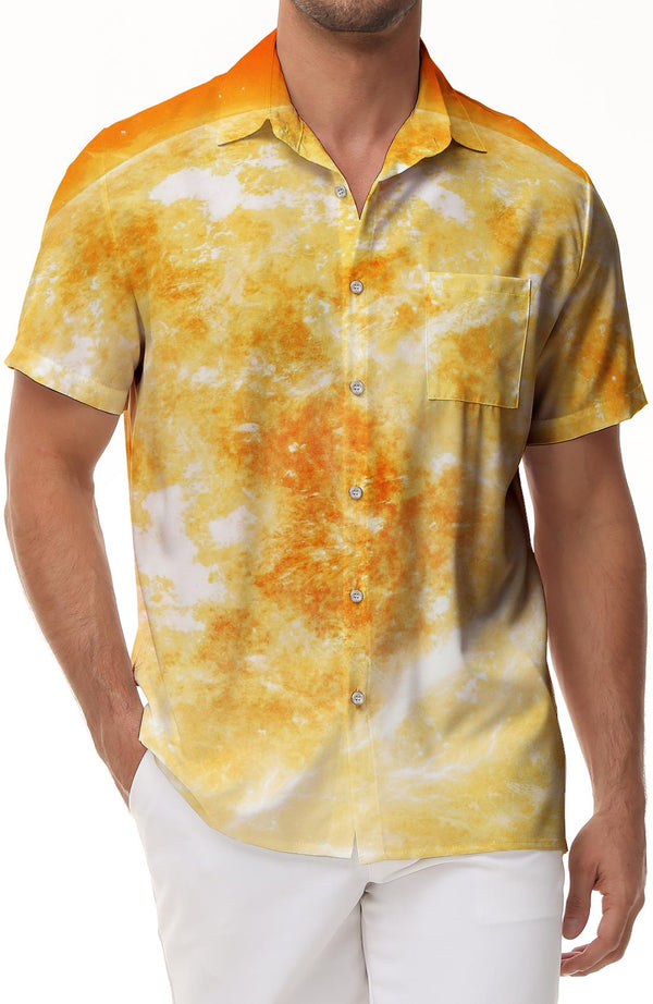Gold casual loose men's short-sleeved four-season beach party seaside swimming short-sleeved shirt Hawaiian pocket lapel button summer carnival