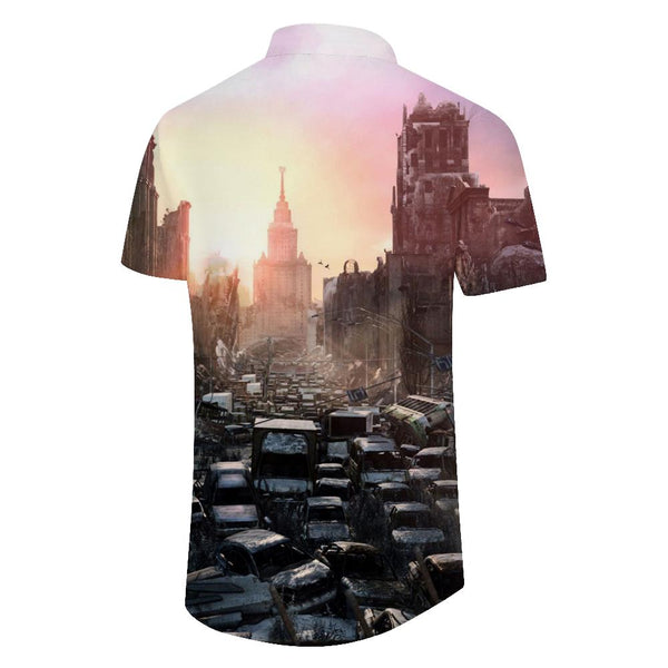 
Earthquake destroyed city fashion retro style short sleeve shirt men's daily street walking Hawaiian short sleeve shirt casual tops
                