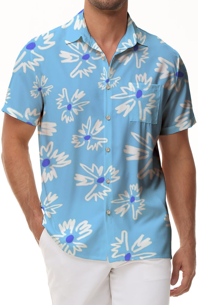 Blue men's retro daisy flower seaside play floral print short-sleeved shirt loose lapel button short-sleeved shirt Hawaiian style