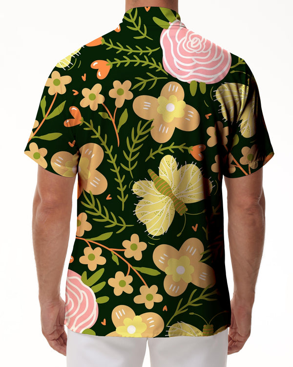 
Flower orange butterfly print pattern Hawaiian button lapel casual fashion men's vacation beach shirt
                