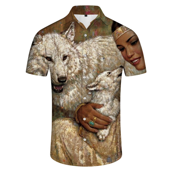 
Desert SunsetMoon Wolf Men's Button Shirt Short Sleeve Lapel Shirt Summer Loose Sports Top
                