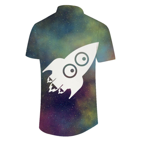 
Galaxy Silver Sea White Cartoon Rocket Print Men's Short Sleeve Shirt Casual Button-down Top Hawaii Beach Seaside
                