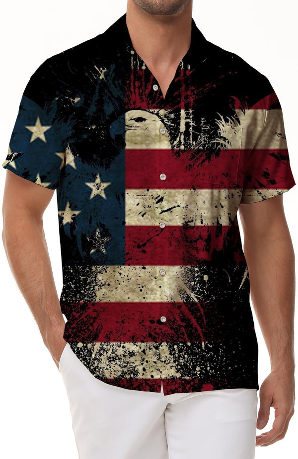 Mens American Flag Shirt, July 4th Patriotic Short Sleeve Casual Shirt