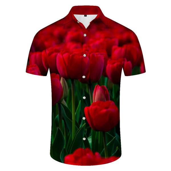
Red tulip flower print pattern tropical fashion Hawaiian men's button down lapel short sleeve button casual summer beach shirt
                