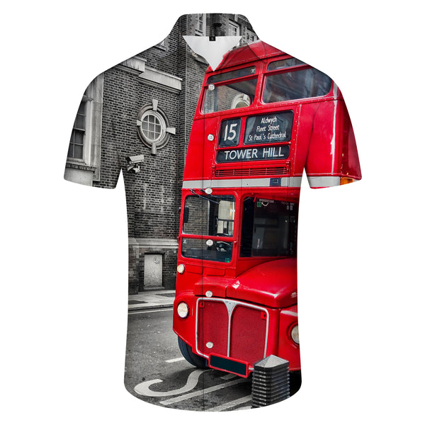 
London Street Bus Red Men's Casual Short Sleeve Shirt Hawaiian Button Comfortable Lightweight Breathable Clothing
                