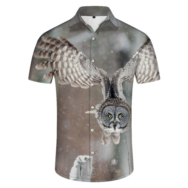 
Fashion retro style soaring owl men's lapel shirt casual button down shirt short sleeve vacation beach
                