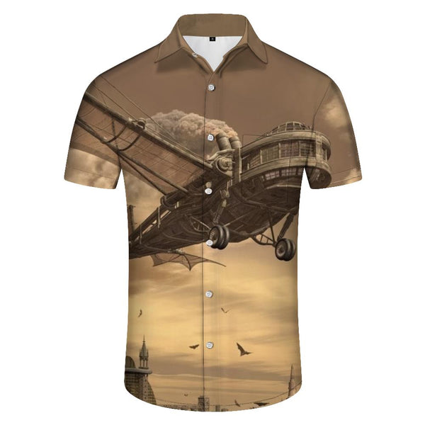 
Design retro coal spaceship rock fashion men's casual Hawaiian button lapel pocket shirt short sleeve holiday beach clothing
                