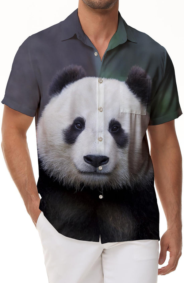 Cute Chinese Panda Men's Button Down Shirt Hawaiian Printed Shirts Classic Fit Short Sleeve