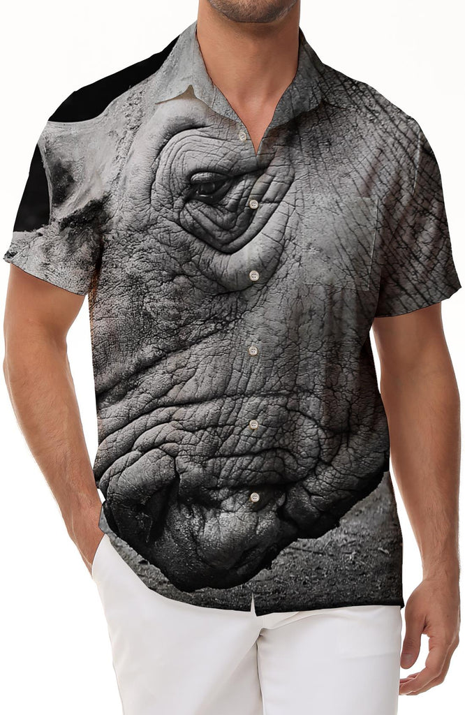 Animal Rhino Tropical Four Seasons Short Sleeve Shirt Hawaiian Shirt Men's Summer Casual Short Sleeve Button Beach Shirt Gray