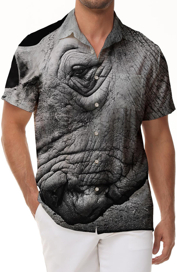 Animal Rhino Tropical Four Seasons Short Sleeve Shirt Hawaiian Shirt Men's Summer Casual Short Sleeve Button Beach Shirt Gray