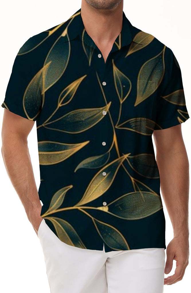Black Bamboo Leaf Men's Casual Loose Hawaiian Button Lapel Pocket Fashion Short Sleeve Shirt