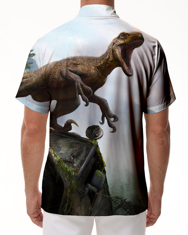 
Surfing dinosaur swing men's short-sleeved daily travel short-sleeved shirt summer Hawaii Haikou lapel button short-sleeved shirt casual
                
