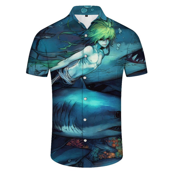 
Green Hair Underwater Mermaid and Shark Men's Short Sleeve Shirt Beautiful Underwater Scenery Men's Button Shirt Blue
                