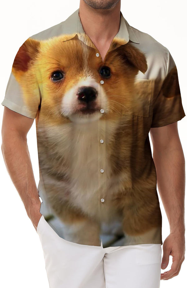 Fashionable cute corgi print men's casual loose Hawaiian summer beach short sleeve casual short sleeve