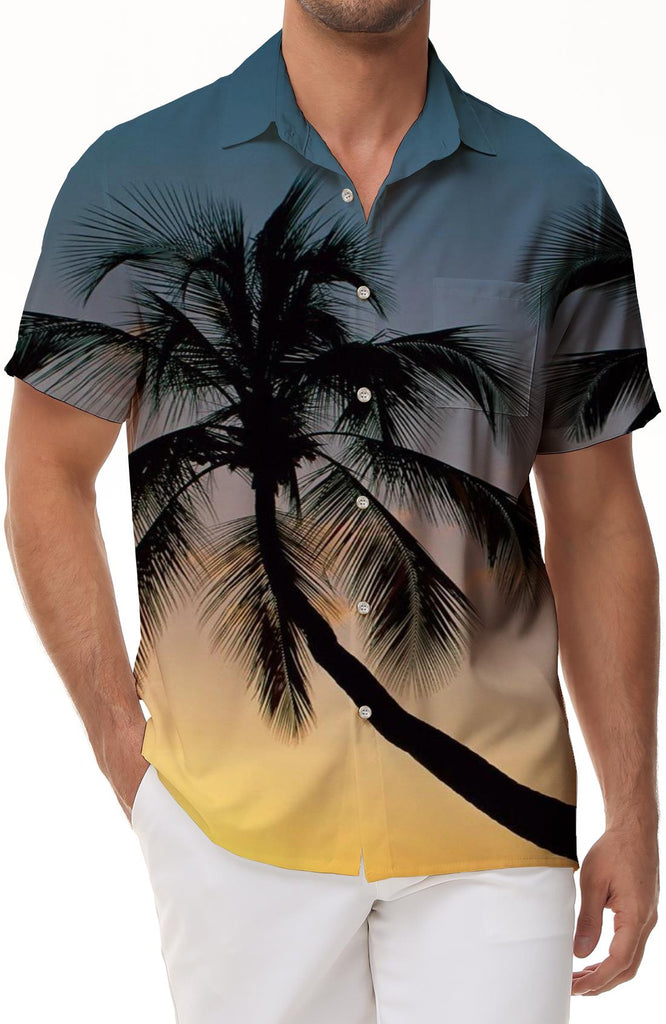 Coconut tree leaves in the sunset Hawaii tropical four seasons seaside beach shirt summer casual short-sleeved button beach vacation wear