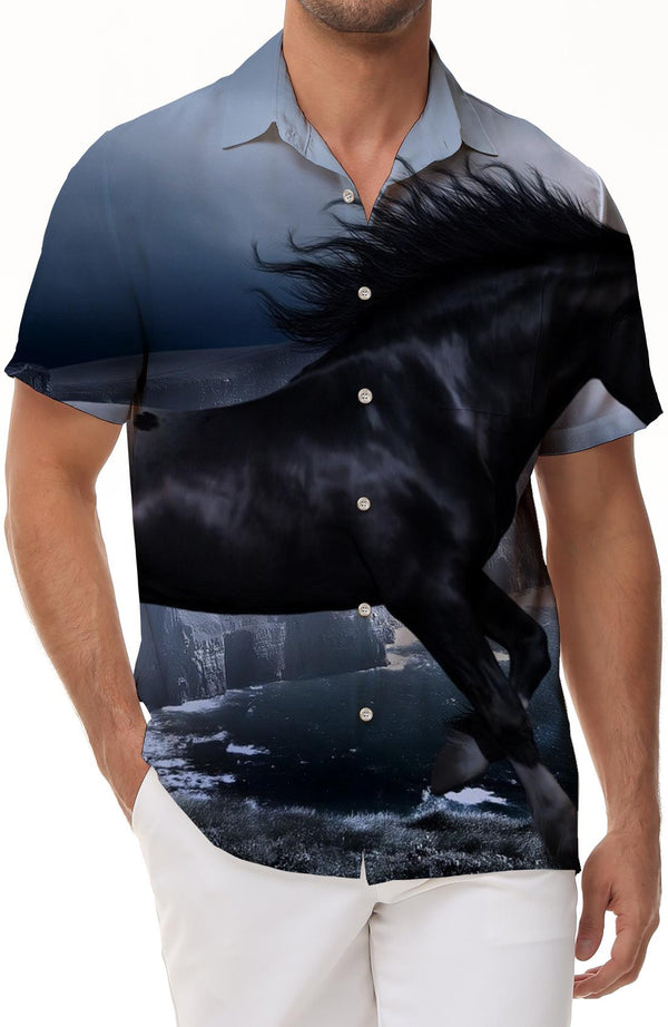 
Fashion Pattern Men's Short Sleeve Clothing 3D Hawaiian Button Lapel Black Horse Fun Fashion Popular Short Sleeve Shirt
                
