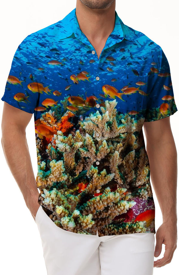 Ocean Fish Coral Reef Men's Hawaiian Shirt Short Sleeve Button-Up Tropical Vacation Beach Shirt Tops