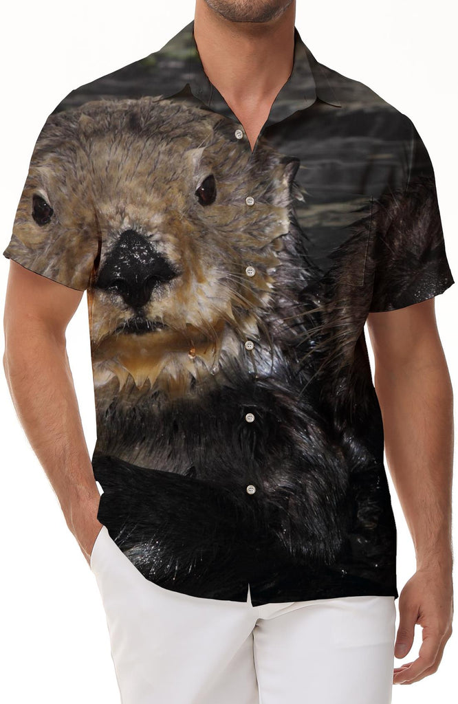 Sea otter animal Hawaii summer tropical men's street daily simple shirt short sleeve Hawaiian short sleeve shirt digital printing