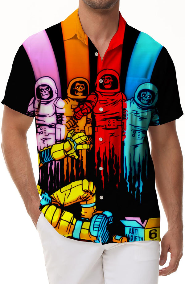 Rainbow Skull Abstract Short Sleeve Shirt Men's Breathable Retro Shirt Astronaut Button Short Sleeve Hawaiian Shirt Short Sleeve