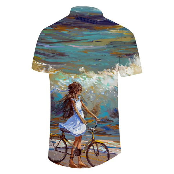 
Oil painting art cartoon bicycle seaside bike and flowers men's short sleeve shirt casual short sleeve button down shirt suitable for summer beach
                