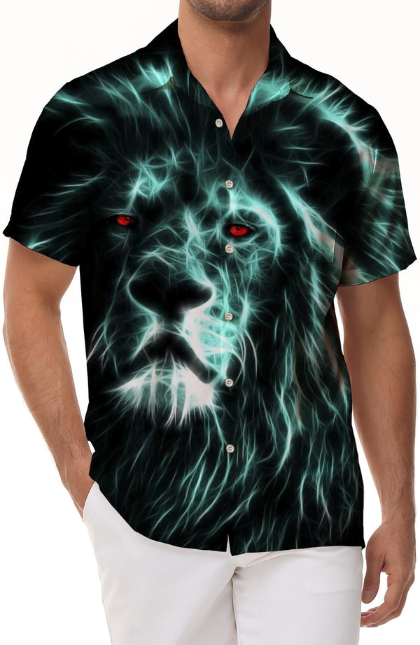 Cool Color Pupil African Lion Men's Lapel Hawaiian Loose Casual Button-Up Short Sleeve Shirt Tops