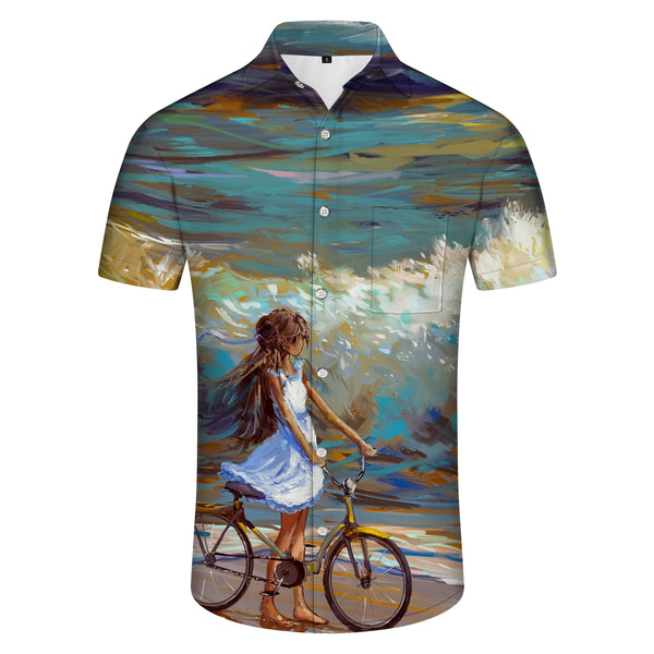 
Oil painting art cartoon bicycle seaside bike and flowers men's short sleeve shirt casual short sleeve button down shirt suitable for summer beach
                