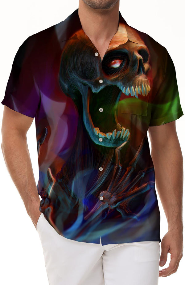I'm afraid 3D death skull print fashion lapel men's short sleeve outdoor street fashion daily casual tops