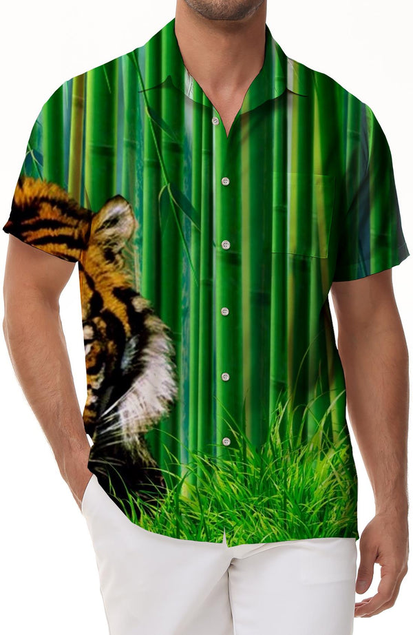 Tiger Animal Men's Casual Shirt Short Sleeve Regular Fit Hawaiian Pocket Button Streetwear