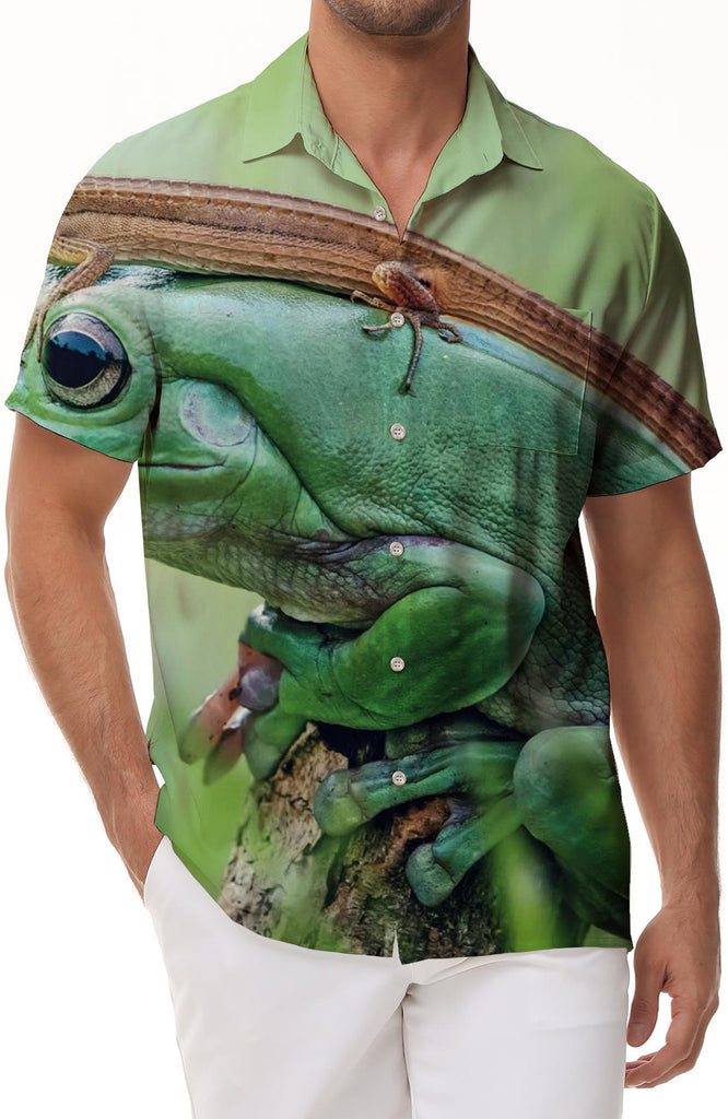 Stone lizard and frog on tree print men's Hawaiian tropical shirt short sleeve casual button down summer beach shirt with pockets