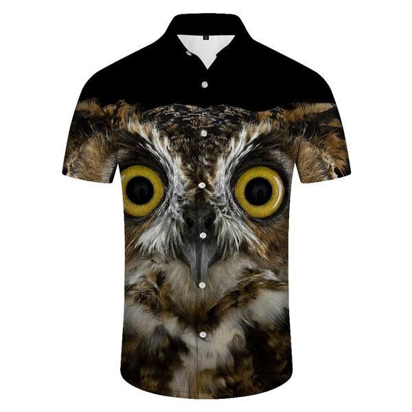 
Evil eye eagle owl night black animal 3d print pattern Hawaiian button lapel pocket men's casual style shirt short sleeve street
                
