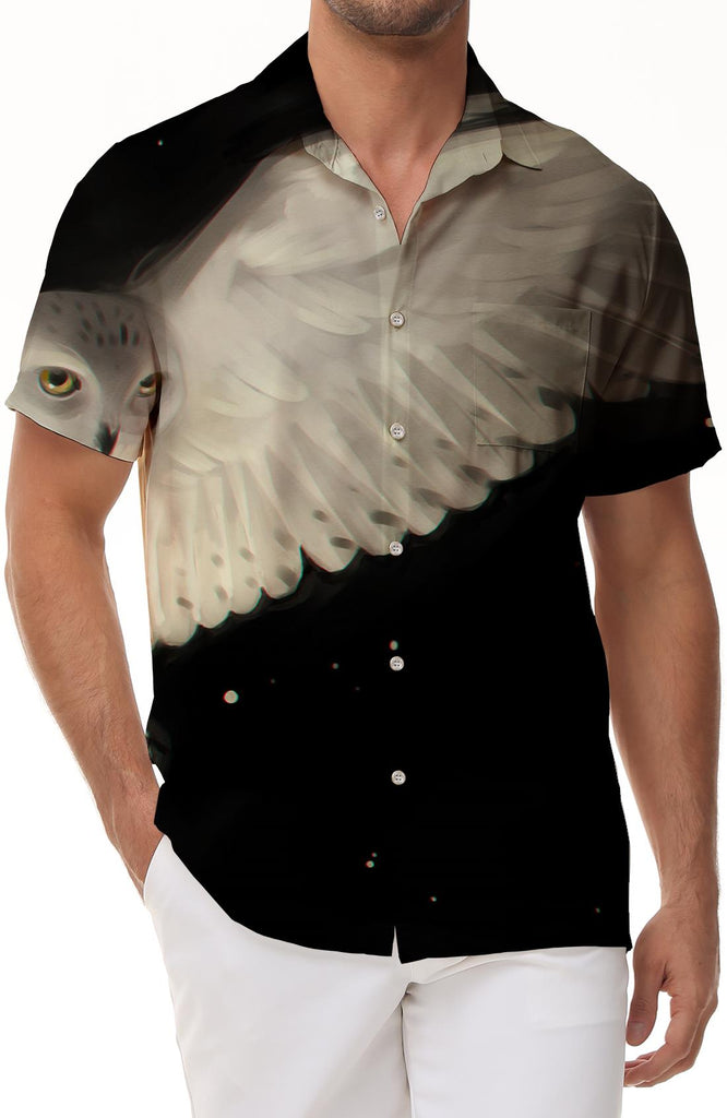 Black and White Little Owl Cool Fantasy Hawaiian Tropical Button Lapel Men's Short Sleeve Button Four Seasons Shirt Cuban