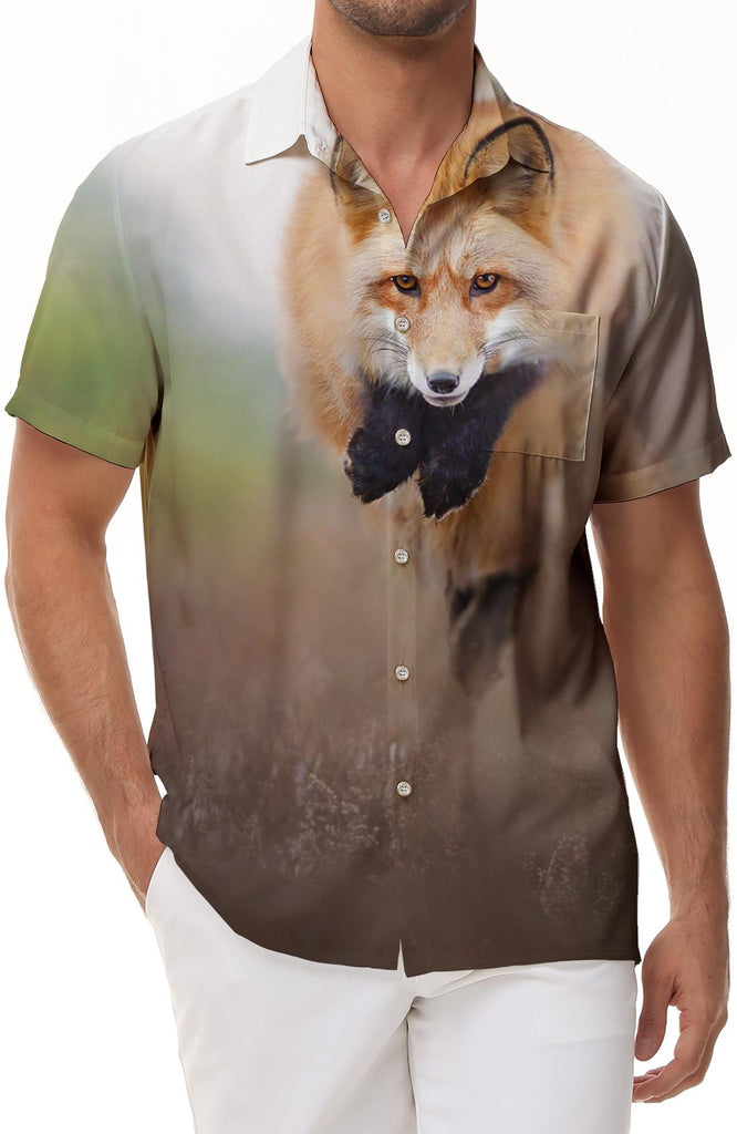 Charming Wild Red Fox Men's Loose Casual Daily Travel Short Sleeve Shirt Button Short Sleeve Shirt with Pockets Regular Version