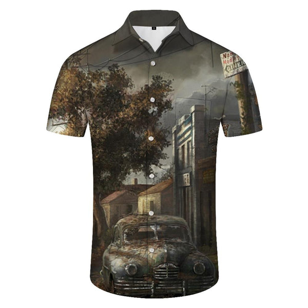 
New retro style men's loose short-sleeved button-down shirt, last century car print shirt, daily wear, comfortable street shirt popular
                