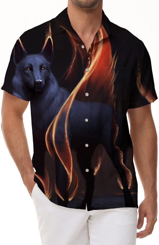 Night Howl Cool Wolf Tropical Four Seasons Men's Casual Button Short Sleeve Hawaiian Button Lapel Shirt Beach Top Short Sleeve