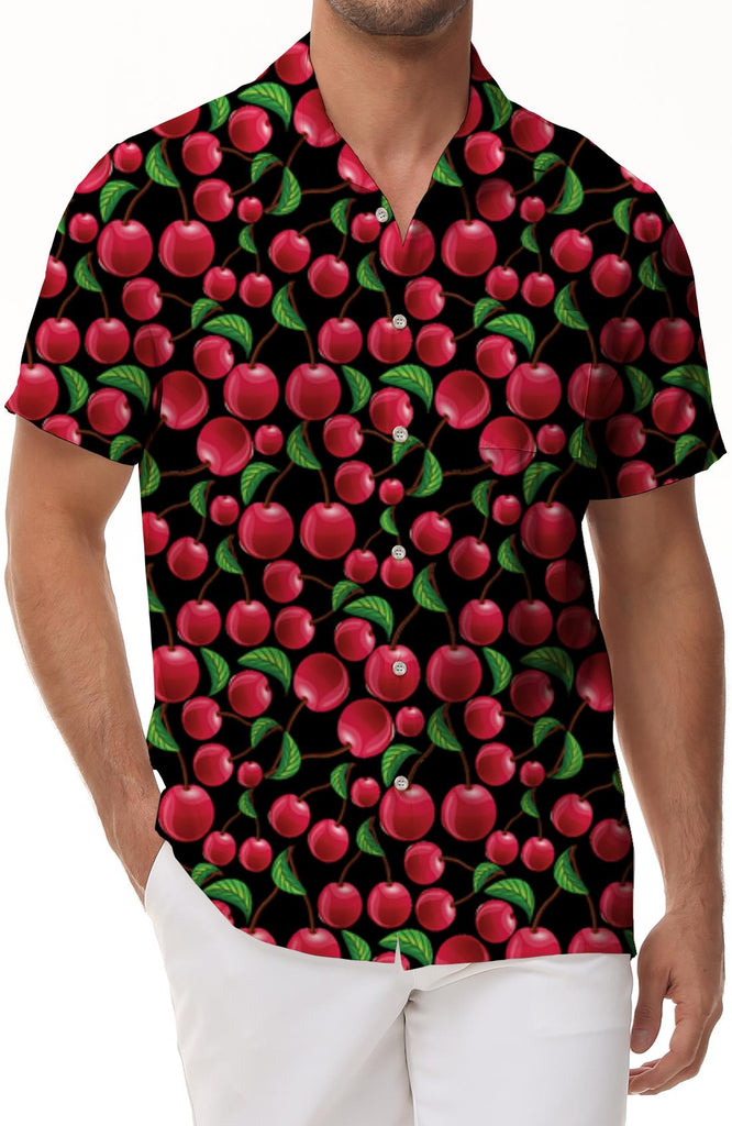 Men's cherry print beach shirt Men's red fruit print casual shirt Hawaiian short sleeve