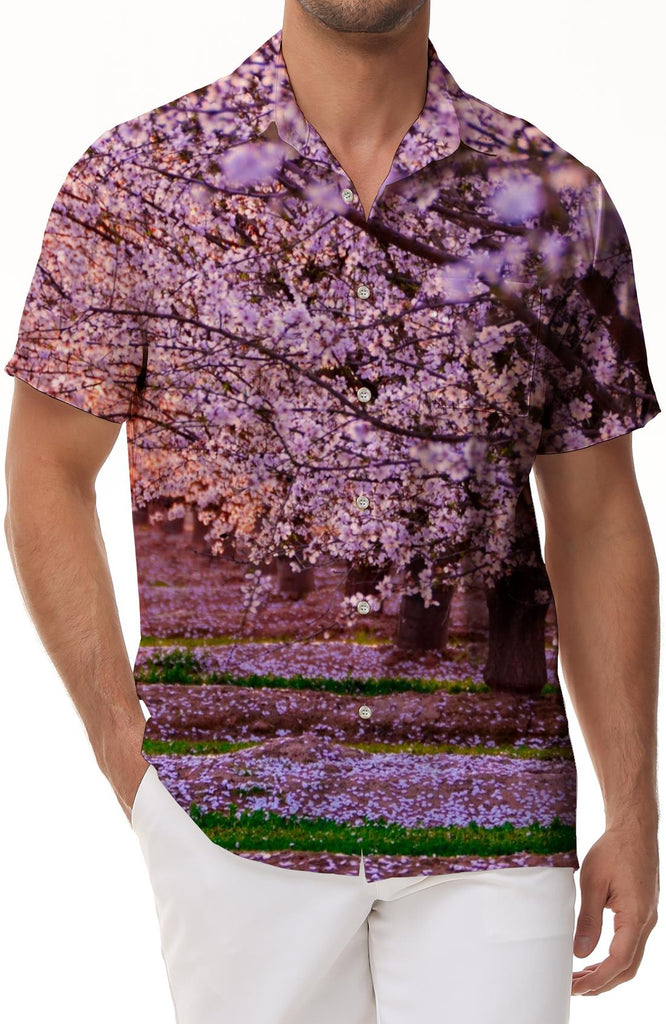 Beautiful cherry blossom fashion short sleeve men's casual loose daily travel fun cherry blossom print street wear