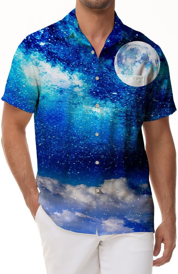 Blue night scenery men's casual short-sleeved four seasons lapel 3D printed shirt fashion tops shirt short sleeves