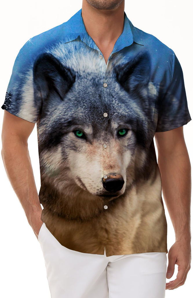 Wild Wolf 3D Digital Printing Fashion Men's Casual Short Sleeve Button Shirt Summer Short Sleeve Shirt Hawaii