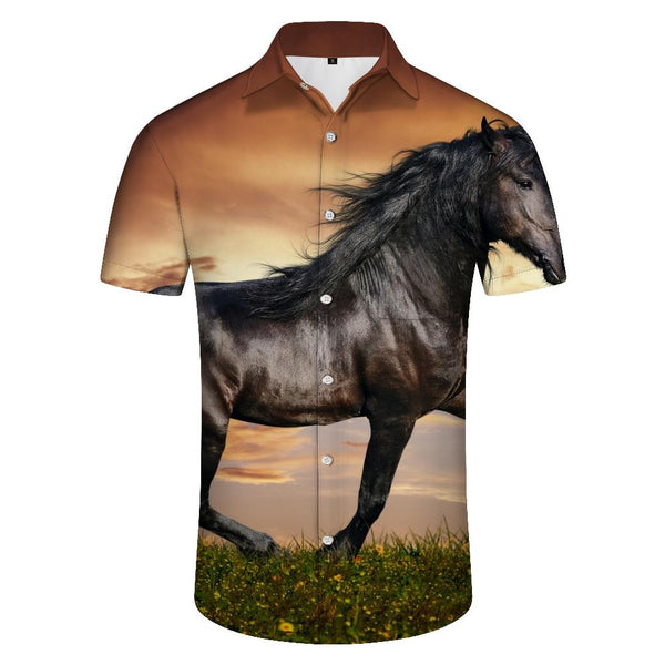 
Mens Black Horse Shirt Short Sleeve Button Loose Summer Beach Shirt Sunset Horse
                