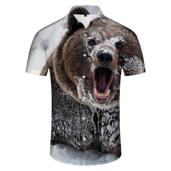 
Casual fun pattern print short sleeve loose men's snow roar brown bear Hawaiian button lapel shirt hip hop
                