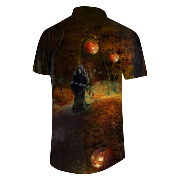 
Vintage Maple Leaf Halloween Skull Grim Reaper Hawaiian Lapel Men's Shirt Casual
                
